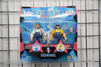 WWF Tag Team Series 1 Godwinns action figure two-pack with Phineas and Henry in blue overalls, slop bucket accessory, Jakks Pacific