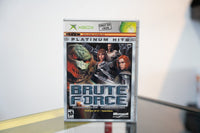 Xbox Brute Force Platinum Hits case four-character squad alien sniper armor soldier dark background metallic BRUTE FORCE text Only on Xbox