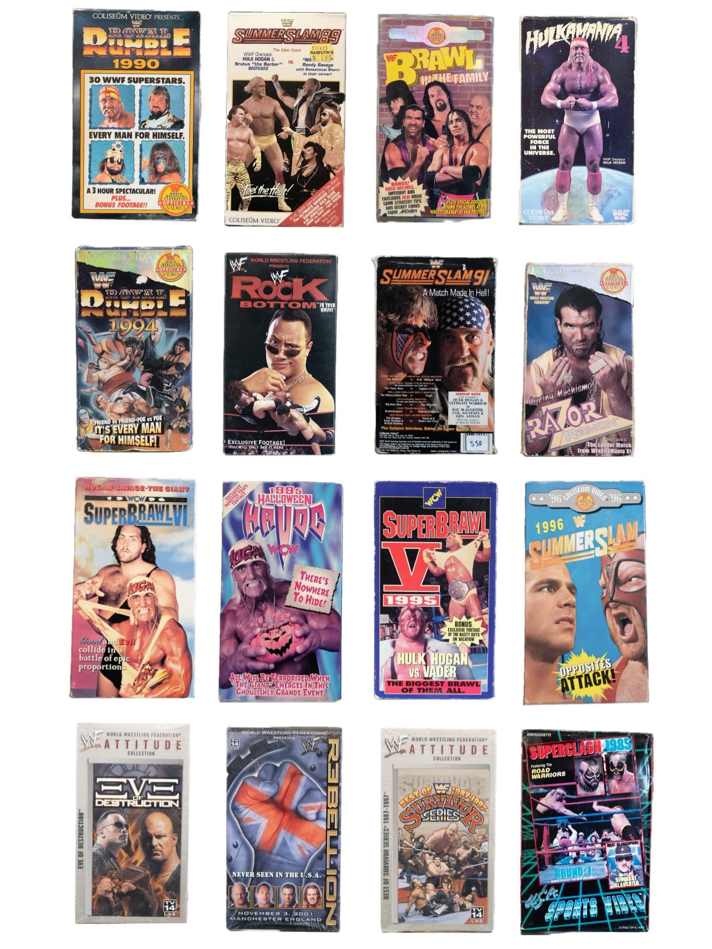 Stack of wrestling VHS tapes from the shop wall