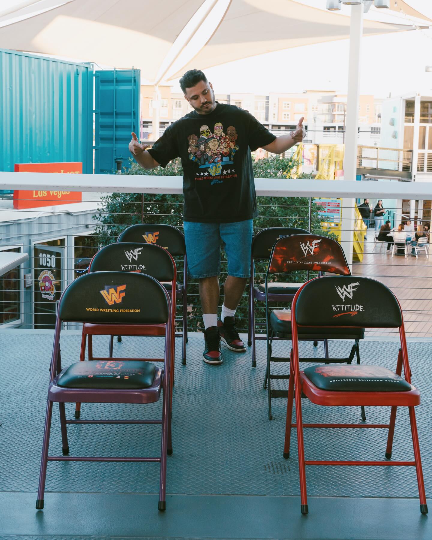 WrestleMania 13 folding steel chair on the shop wall